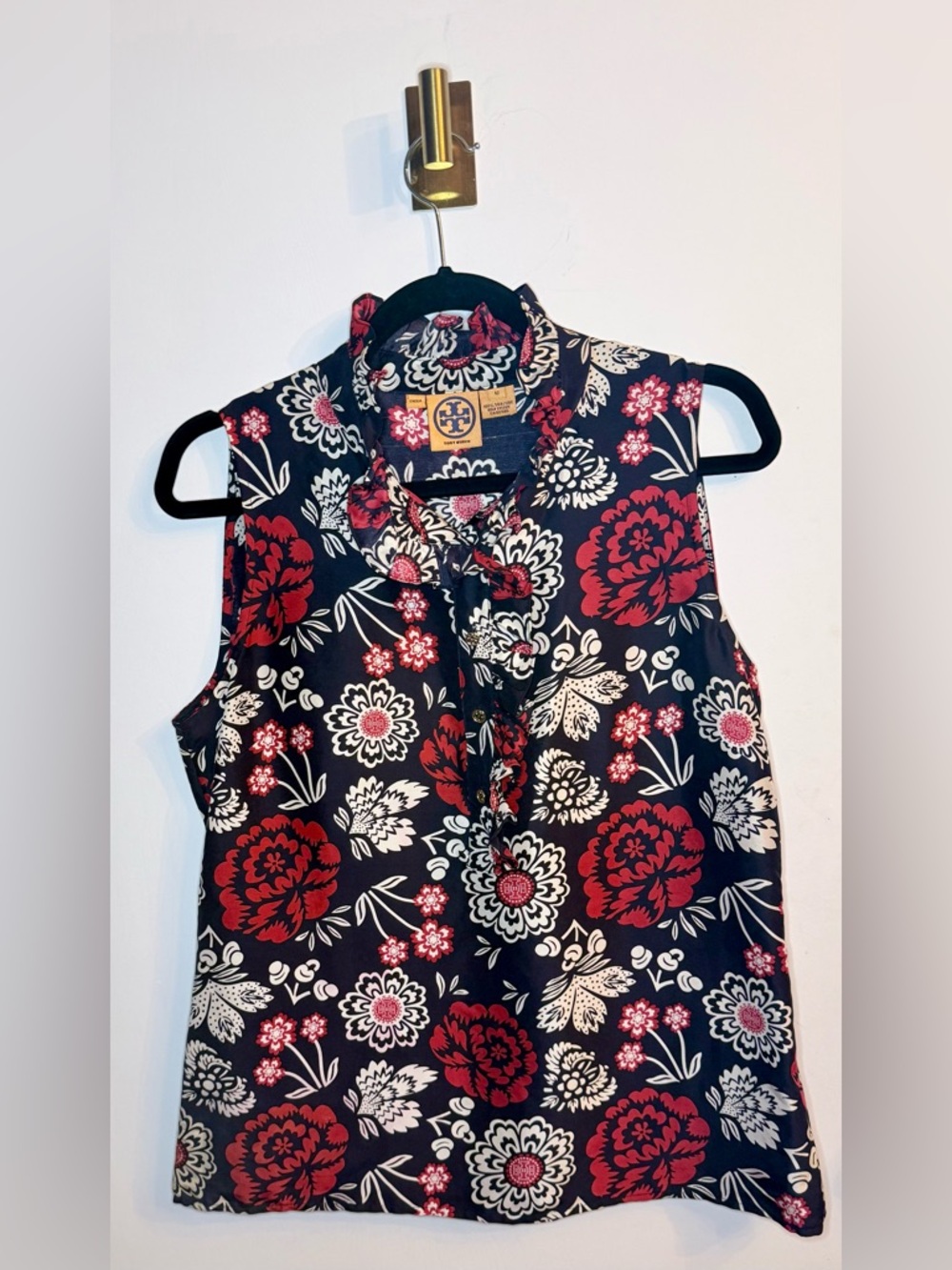 Tory Burch Silk Ruffle Neck Floral Blouse Navy Red 12 - EU